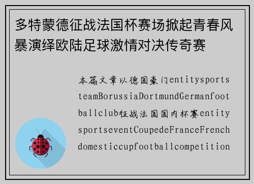 多特蒙德征战法国杯赛场掀起青春风暴演绎欧陆足球激情对决传奇赛